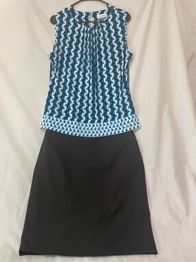 Calvin Klein Black Skirt & Pleated Geometric Pattern Blouse Outfit Sz L & 12P